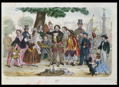 Ein Straßenmagier in der Nähe der Place de la Bastille, Paris, graviert von H. Jannin, ca. 1840-50 von French School