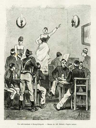Ein Café singend in Bourg Leopold. Gravur von A.Hubert zur Illustration der Geschichte La Belgique, von Camille Lemonnier, in le tour du monde 1886, herausgegeben von Edouard Charton (1807-1890), Hachette, Paris von French School