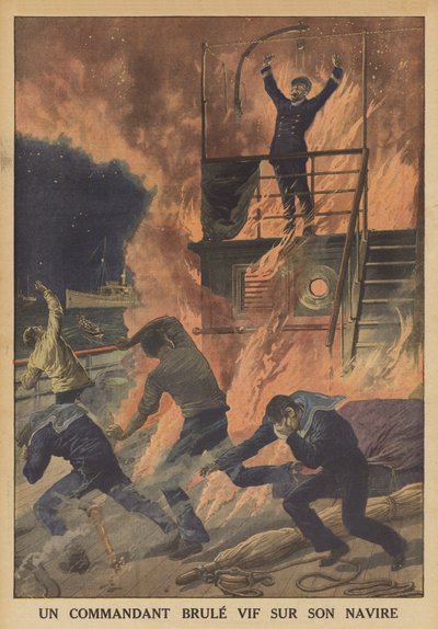 Ein Kapitän lebendig auf seinem Schiff verbrannt (Farblithografie) von French School