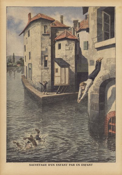 Ein Kind rettet ein anderes vor dem Ertrinken im Givors-Kanal, Frankreich von French School