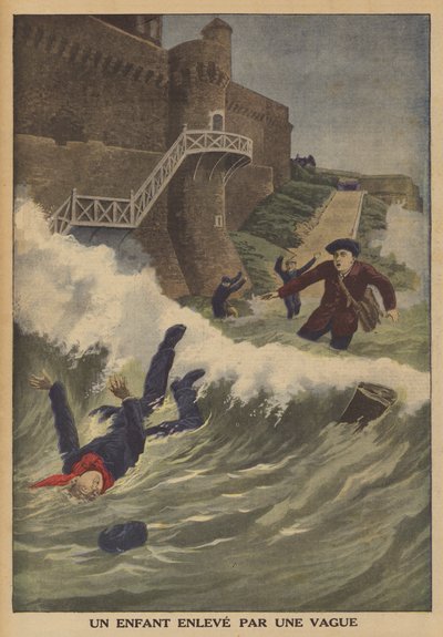 Ein Kind von einer Welle mitgerissen (Farblithografie) von French School
