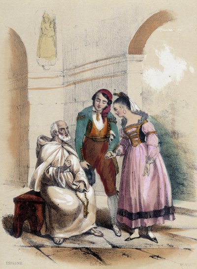 Ein Paar, das in der Kirche heiratet; Illustration für Spanien, in „The twelve Nations“ von M.E. Fouinet von French School