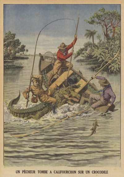 Ein Fischer fällt auf ein Krokodil, nachdem es sein Boot gekentert hat von French School