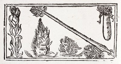 Eine flammende Lanze, eine aufsteigende Flamme und feurige Funken von French School