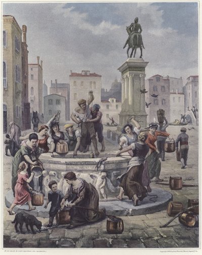 Eine Gruppe von Frauen sammelt Wasser aus einem Brunnen in Venedig von French School