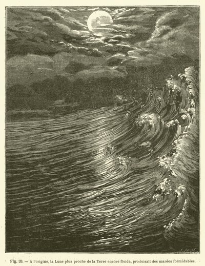Ursprünglich, der Mond näher an der Erde, noch flüssig, erzeugte gewaltige Gezeiten von French School