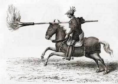 Ein mittelalterlicher Ritter mit einer Feuerlanze, eine der ersten Schießpulverwaffen der Welt, aus Les Merveilles de la Science, veröffentlicht um 1870 (Gravur) von French School