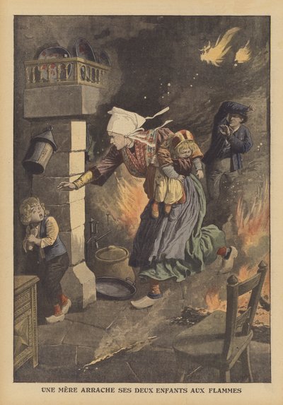 Eine Mutter rettet ihre Kinder vor einem Feuer von French School