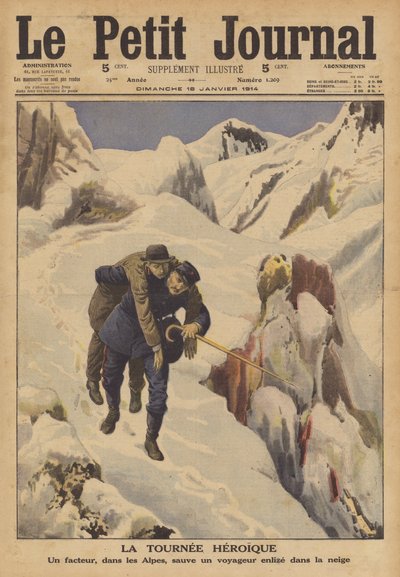 Ein Postbote rettet einen Reisenden, der sich im Schnee in den Alpen verirrt hat von French School
