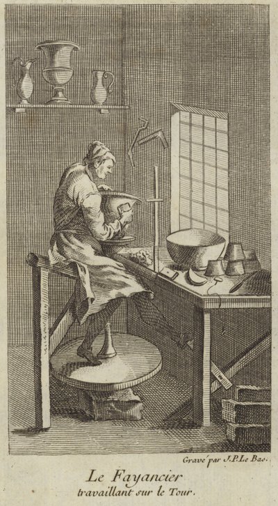 Ein Töpfer bei der Arbeit am Rad von French School