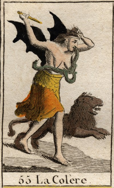 Darstellung des Zorns, in Lumpen gekleidet, sie hält einen Dolch und reißt sich die Haare aus. Aus „Mythologie de la jeunesse“ von Pierre Blanchard 1803. von French School