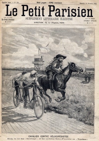 Ein Reiter im Rennen gegen Velocipedisten: William Frederic Cody (1846-1917), bekannt als Buffalo Bill, bekannt als König der Cowboys, und die Radfahrer Gaby und Fournier im Tandem. In der Zeitung „Le Petit Parisien“ am 26.11.1893 (Gravur) von French School