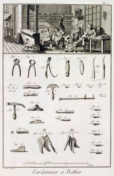 Ein Schuh- und Stiefelmacher und ihre Werkzeuge, aus der Encyclopedie des Sciences et Metiers von Denis Diderot (1713-84) veröffentlicht ca. 1770 von French School