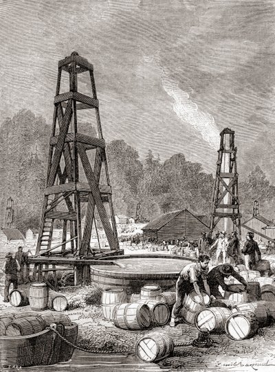 Eine Erdölquelle am Oil Creek am Allegheny River, Pennsylvania, USA im Jahr 1858, entdeckt von Edwin Laurentine Drake, alias Colonel Drake, aus 