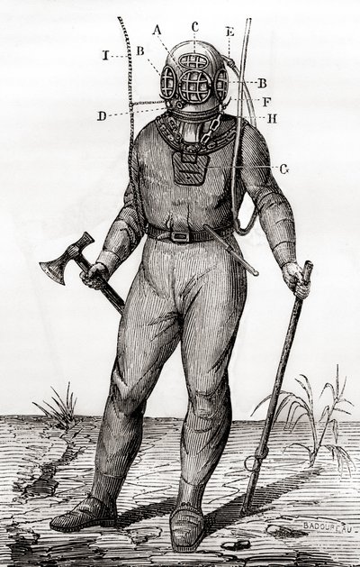 Ein Standard-Tauchanzug, patentiert von Joseph-Martin Cabirol im Jahr 1855, aus 