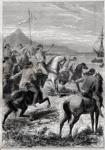 Vizeadmiral John Byron wird 1764 von den Eingeborenen von Kap der Jungfrauen empfangen - Illustration aus „Die großen Seefahrer des 18. Jahrhunderts“ von French School