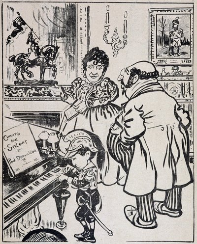 Eine gebrauchte Bronze, Karikatur mit Schlachtschiffen, Noten für Deroulede auf dem Klavier und Statuette von Jeanne d