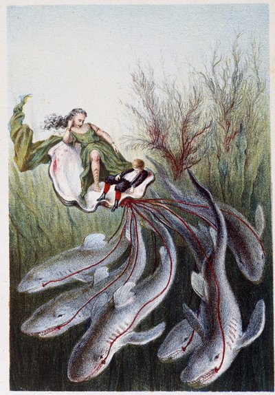 Eine Frau und ein Junge auf einem von Haien gezogenen Wagen - in "Reise zum Meeresgrund" von H. de la Blanchère. Paris, ed. Jouvet et Cie, sd. 1880. (doppelt 02946) von French School