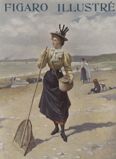 Eine Frau geht am Strand entlang und trägt Angelausrüstung von French School