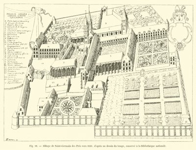 Abtei Saint-Germain des Prés um 1630, nach einer zeitgenössischen Zeichnung, aufbewahrt in der Nationalbibliothek von French School