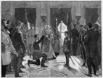 Abdankung von König Milan I. von Serbien (1854-1901), 7. März 1889: Der ehemalige König leistet seinem Sohn Alexander I. von Serbien (1876-1903), für den er gerade abgedankt hat, einen Treueeid. Gravur in „Le Monde Illustré“ Nr. 1666 vom 2. März von French School