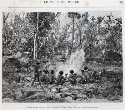 Aborigines unter der Aufsicht eines Siedlers, am Feuer - aus „Tour du Monde“ von French School