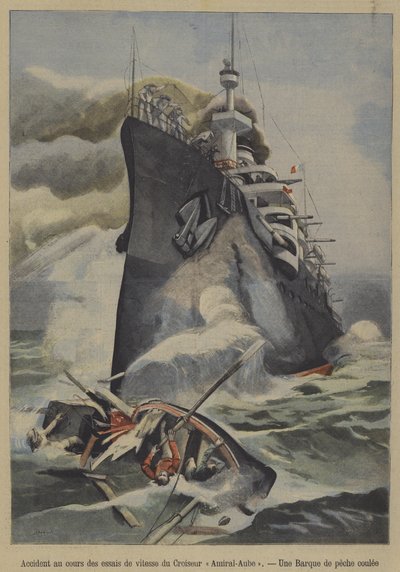 Unfallbedingtes Sinken eines Fischerbootes durch den französischen Panzerkreuzer Admiral Aube während Geschwindigkeitstests von French School