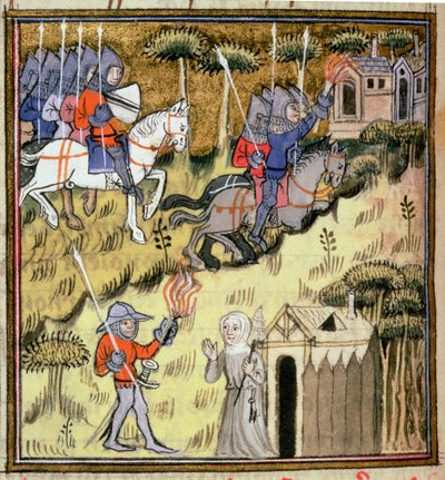 Kavallerie setzt Gebäude mit brennenden Fackeln in Brand; eine Nonne schützt ihr Kloster vor einem Soldaten, um 1380 von French School