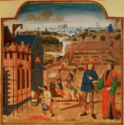 Bau eines Gartenhauses mit formalen Gärten und Landschaft im Hintergrund, aus 