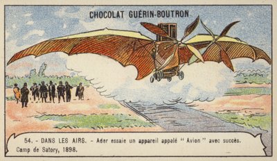 Ader macht einen erfolgreichen Flug mit seiner Flugmaschine Avion, Camp de Satory, Frankreich von French School