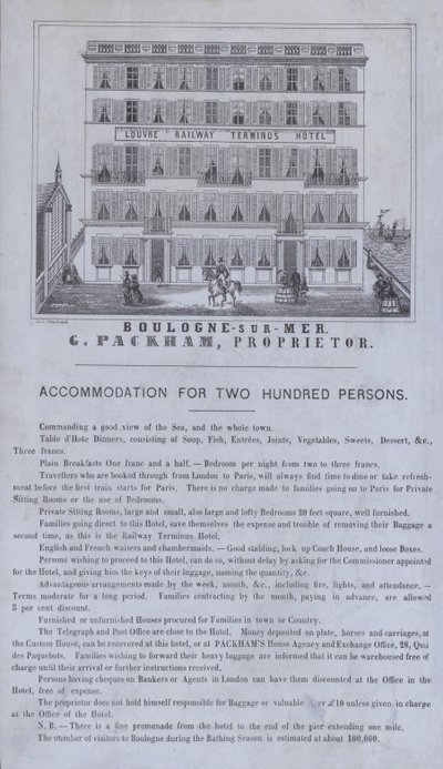 Werbung für das Louvre Railway Terminus Hotel, Boulogne-sur-Mer, Frankreich von French School