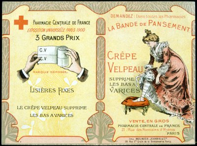 Werbekarte für „Der Velpeau-Kreppverband entfernt Krampfadern“. 19. Jahrhundert. von French School