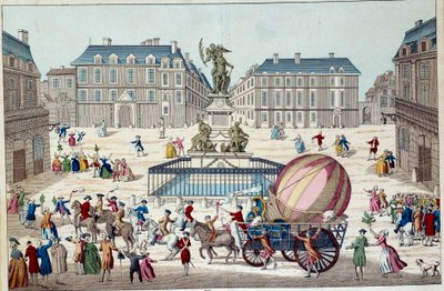 Aerostat: der zweite Versuch, mit einem Ballon zu fliegen. Der gesamte aerostatische Globus von Charles und Robert in Paris, nach einer Reise mit einem Wasserstoffgasballon, am 02.12.1783. Anonymer Druck aus dem 18. Jahrhundert. Paris, dekorative Künste von French School