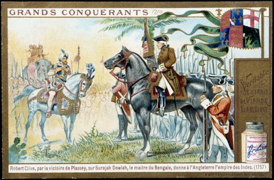 Nach dem Sieg von Plassey über Surajah Dowlah (Suraj Ud-daula oder Ud Daula Ud Daulah oder Ud-Daulah), gab der Herrscher von Bengalen England 1757 das Reich von Indien. 19. Jahrhundert Liebig Chromolithografie. von French School