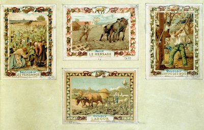 Landwirtschaftskalender, der die verschiedenen Jahreszeiten der Landwirtschaft darstellt, Ende des 19. Jahrhunderts von French School