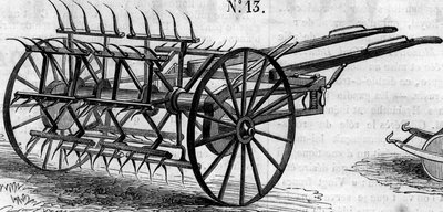 Landwirtschaftsmaschine: ein englischer Doppelheuwender, präsentiert auf dem Pariser Landwirtschaftswettbewerb im Jahr 1860. Gravur in „Le Monde Illustré“ Nr. 172 vom 28. Juli 1860. von French School