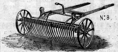 Landwirtschaftsmaschine: ein englischer Pferderechen, präsentiert beim Pariser Landwirtschaftswettbewerb 1860. Gravur in „Le Monde Illustré“ Nr. 16 vom 7. Juli 1860. von French School