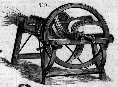 Landwirtschaftsmaschine: eine englische Strohaxt, präsentiert beim Pariser Landwirtschaftswettbewerb 1860. Gravur in „Le Monde Illustré“ Nr. 16 vom 7. Juli 1860. von French School