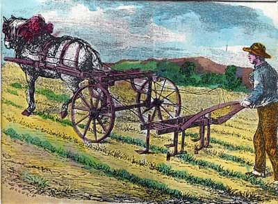 Landwirtschaft: eine der ersten mechanischen Hackmaschinen mit Tierzug, verwendet in einem Rübenfeld von French School