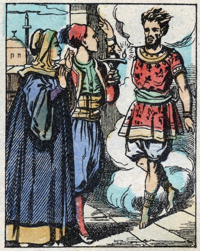 Aladin und seine Mutter reiben die magische Lampe und lassen den Dschinn erscheinen. Gravur der Geschichte aus Tausendundeine Nacht „Aladin und die Wunderlampe“. Epinal-Bild, Ende des 19. Jahrhunderts. Private Sammlung. von French School
