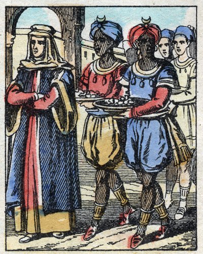 Aladin schickt erneut seine Mutter, begleitet von Sklaven, die Geschenke tragen, um der Tochter des Sultans einen Heiratsantrag zu machen. Gravur aus dem Märchen „Aladin und die Wunderlampe“ aus Tausendundeine Nacht. Epinal-Bild, Ende des 19. Jahrhunderts. von French School