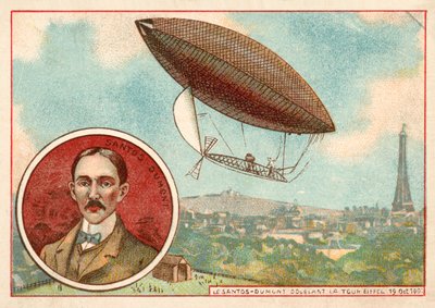 Alberto Santos-Dumonts Luftschiff fliegt um den Eiffelturm, Paris von French School