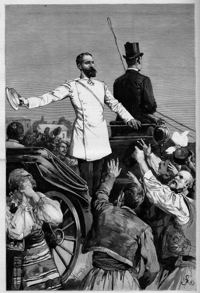 Alexander von Battenberg - Prinz Alexander I. nach seiner Abdankung, gefeiert vom Volk beim Verlassen von Sofia. Gravur in „Die Illustrierte Welt“. von French School
