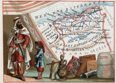Algerien in Afrika und die Provinz Oran, Frankreich. Serie über die französischen Departements. Import von Feigen, Baumwolle, Tabak, Achat und Blei. Chromolithographie "Der geografische Faden", ca. 1920. Private Sammlung von French School
