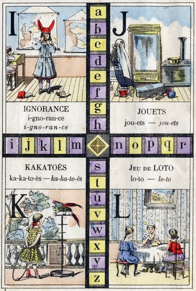 Alphabet und Buchstaben I J K und L, Ignoranz, Spielzeug, Kakadus und Lottospiel. ABC der kleinen Mädchen. Epinaler Bildgebung von French School