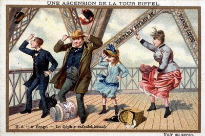 Ein Aufstieg auf den Eiffelturm: im 2. Stock, ein erfrischender Zephir - Chromo. Liébig, Anfang 20. Jahrhundert von French School