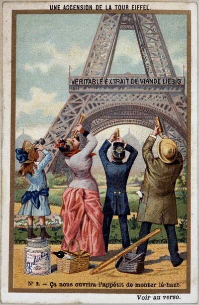 Ein Aufstieg auf den Eiffelturm: Man sieht die Höhe des Turms in der Fernsicht - Chromo. Liebig, Anfang 20. Jahrhundert von French School