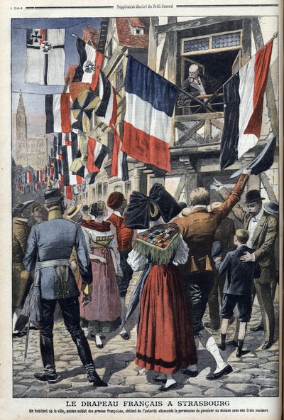 Ein alter französischer Soldat im von Deutschland besetzten Straßburg darf die französische Flagge zeigen - „Le Petit Journal“ vom 20. September 1908 (Gravur) von French School