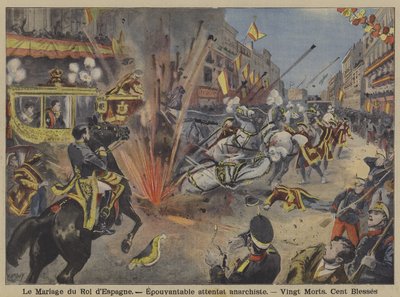 Anarchistischer Bombenanschlag auf die Hochzeitsprozession von König Alfons XIII. und Königin Victoria Eugenie von Battenberg in Madrid von French School
