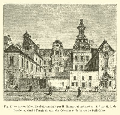 Altes Hotel Fieubet, gebaut von H. Mansart und restauriert 1857 von M. A. de Lavalette, an der Ecke des Quai des Celestins und der Rue du Petit-Musc von French School